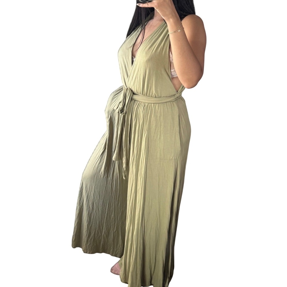 FP Beach Olive Green Wide Leg Jumpsuit M‎ Medium Sleeveless Plunging Neckline a3